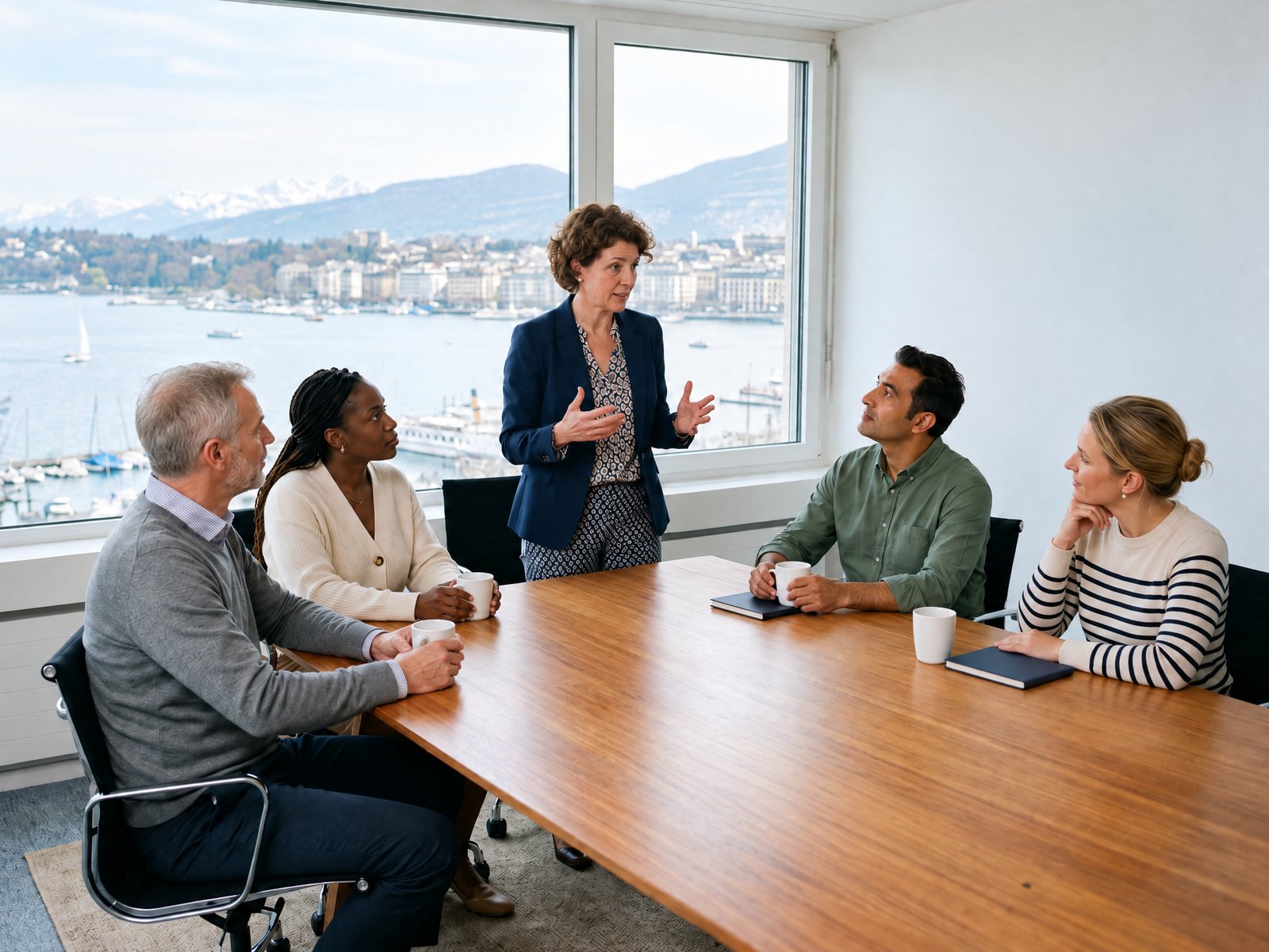 A facilitator talking with a small group of colleagues around a wooden table, a lake view behind them